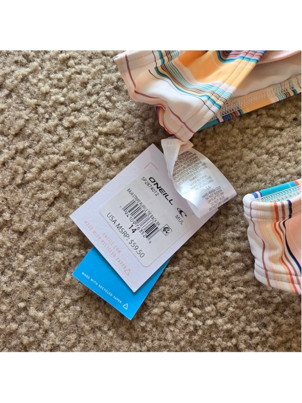 Girls O'Neill Striped Baja Ruffle Bikini size 14 Teal & pink stripes